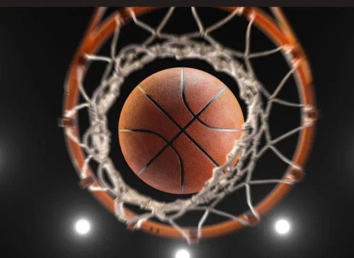 3d rendering basketball on hoop and lighting from roof stadium