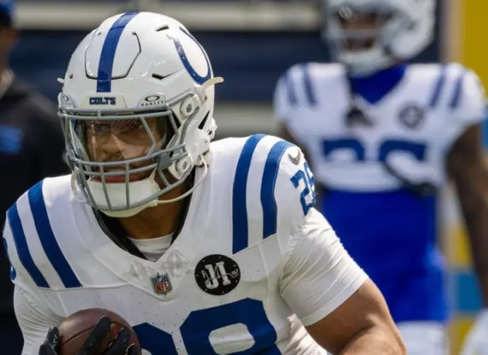 Indianapolis Colts running back Jonathan Taylor #28 warms up prior to an NFL football game against the Los Angeles Chargers at SoFi Stadium^ Oct. 19^ 2025^ in Inglewood^ Calif.