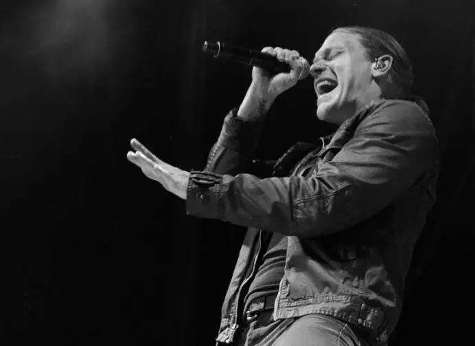 Brett Smith from Shinedown gets into his performance at the Rockstar Uproar Festival on September 25^ 2012 in Nampa^ Idaho.