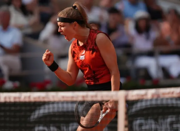 Professional tennis player Karolina Muchova of Czech Republic in action during women singles semi-final match against Aryna Sabalenka of Belarus at 2023 Roland Garros PARIS^ FRANCE - JUNE 8^ 2023