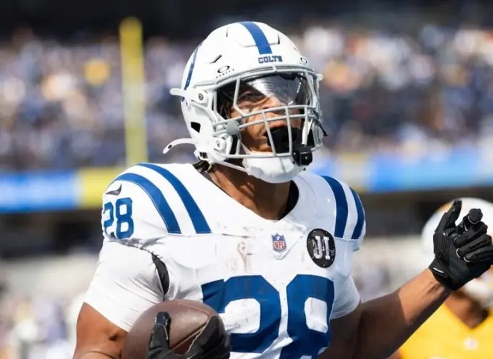 Indianapolis Colts running back Jonathan Taylor #28 runs for a touchdown against the Los Angeles Chargers during an NFL football game at SoFi Stadium^ Oct. 19^ 2025^ in Inglewood^ Calif.