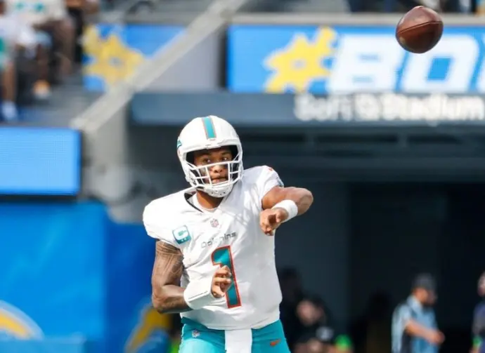 Miami Dolphins quarterback Tua Tagovailoa (1) in actions during an NFL football game against the Los Angeles Chargers^ Sept. 10^ 2023^ in Inglewood^ Calif.