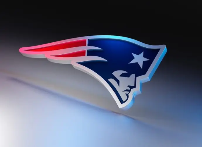 New England Patriots logo on dark background with shiny details. 3D render. MUENSTER^ GERMANY - June 03^ 2023