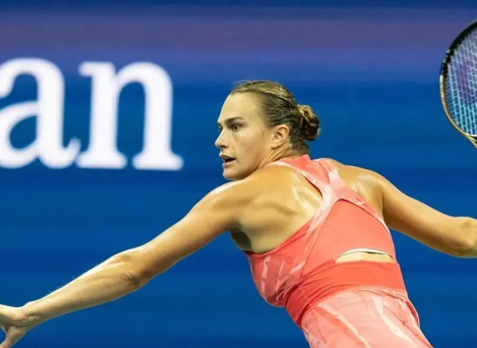 Aryna Sabalenka return ball during final match of women's singles tournament against Coco Gauff of USA at US Open Championships at Billie Jean King Tennis Center in New York on September 9^ 2023