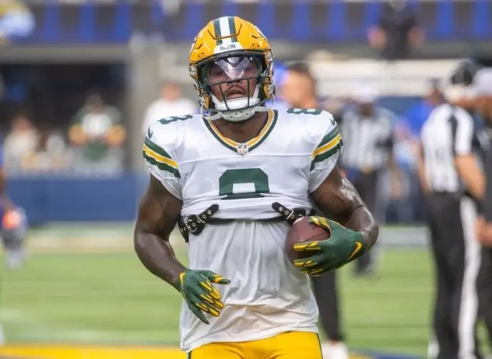 Green Bay Packers running back Josh Jacobs #8 warms up prior to an NFL football game against the Los Angeles Rams at SoFi Stadium^ Sunday^ Oct. 6^ 2024^ in Inglewood^ Calif.