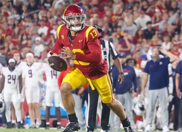 Southern California quarterback Caleb Williams (13) in actions during an NCAA college football game against the Arizona^ Oct. 7^ 2023 in Los Angeles.