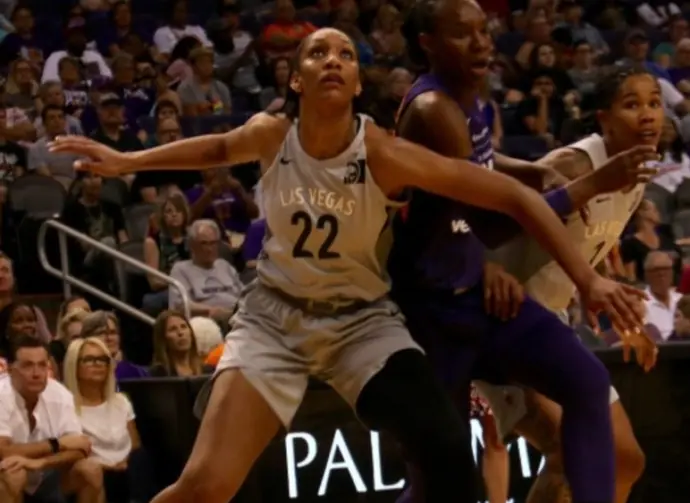 A'ja Wilson center for the Los Vegas Aces at Talking Stick Resort Arena in Phoenix^ Arizona USA June 10^2018.