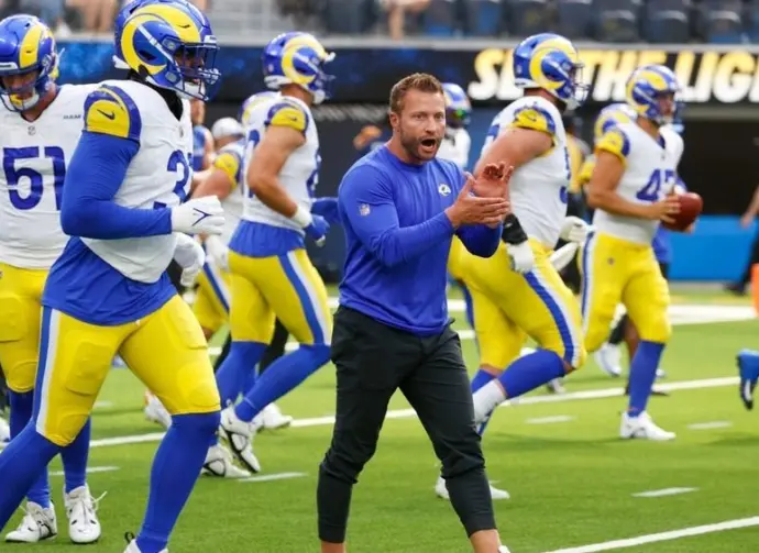 LA Rams head coach Sean McVay warms up prior to an NFL football pre-season game against the LA Chargers at SoFi Stadium^ Saturday^ Aug. 17^ 2024^ in Inglewood^ Calif