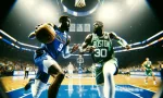 Epic royalist photo^ dallas mavericks player^ competing for a basketball ball against a boston celtics player^ on a basket court^ while running to the ring to lest