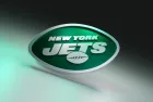 New York Jets logo on dark background with shiny details. 3D render.