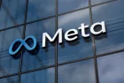 Meta corporation headquarters glass building concept. Metaverse facebook virtual reality network company symbol on front facade 3d illustration. Menlo Park^ USA^ May 5^ 2023