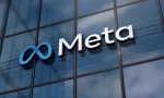 Meta corporation headquarters glass building concept. Metaverse facebook virtual reality network company symbol on front facade 3d illustration. Menlo Park^ USA^ May 5^ 2023