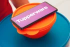 In this photo illustration^ a person carries various plastic products (containers) and a smartphone shows the Tupperware logo