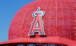 Oversized Angels baseball cap at the entrance to Angel Stadium^ home of Major League Baseball's Los Angeles Angels. ANAHEIM^ CA/USA - OCTOBER 10^ 2015