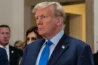 Donald Trump speaks to press before the start of civil fraud trial brought by NYS Attorney General Letitia James at NYS court in New York on October 2^ 2023