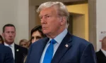 Donald Trump speaks to press before the start of civil fraud trial brought by NYS Attorney General Letitia James at NYS court in New York on October 2^ 2023