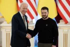 President Joe Biden and Ukraine's President Volodymyr Zelenskiy attend a joint news briefing^ amid Russia's attack on Ukraine. Kyiv^ Ukraine February 20^ 2023.