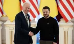 President Joe Biden and Ukraine's President Volodymyr Zelenskiy attend a joint news briefing^ amid Russia's attack on Ukraine. Kyiv^ Ukraine February 20^ 2023.