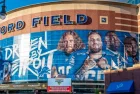 Horizontal^ medium closeup of "Ford Field" Detroit Lions' football field stadium's exterior facade brand and logo signage on a sunny day. Detroit^ MI USA - September 15^ 2021