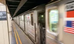 Fast moving train in New York subway. 18th street station.