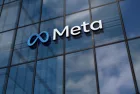 Meta corporation headquarters glass building concept. Metaverse facebook virtual reality network company symbol on front facade 3d illustration. Menlo Park^ USA^ May 5^ 2023