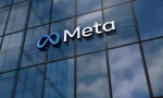 Meta corporation headquarters glass building concept. Metaverse facebook virtual reality network company symbol on front facade 3d illustration. Menlo Park^ USA^ May 5^ 2023