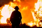 A firefighter watches as the Bobcat Fire burns in Juniper Hills^ California^ Saturday^ Sept. 19^ 2020.