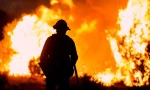 A firefighter watches as the Bobcat Fire burns in Juniper Hills^ California^ Saturday^ Sept. 19^ 2020.