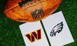 Washington Commanders vs Philadelphia Eagles. NFC Championship Game in NFL 2025. Playoff game. American football Ball on green Grass.