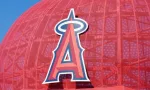 Iconic oversized Angels baseball cap at the entrance to Angel Stadium^ home of Major League Baseball's Los Angeles Angels.