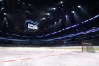 empty ice hockey arena inside playground view illuminated by spotlights^ hockey and skating stadium indoor 3D render illustration background^ my own design