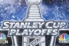 Stanley Cup Playoffs logo displayed at the NBC Experience Store window in midtown Manhattan