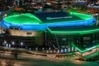 High angle drone view of Paycom Center at night in downtown Oklahoma City. Oklahoma City^ Oklahoma USA - April 14^ 2022
