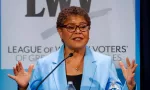 LA Mayor Karen Bass^ attends a mayoral debate on May 1^ 2022 in Los Angeles.
