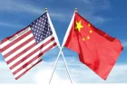 American and Chinese flags on cloudy sky. waving in the sky