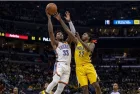 Realistic photography of two basketball players fighting in the air to catch the ball falling after a failed shot in an nba game. one basketball player is from the oklahoma city thunder and the other basketball player is from the indiana pacers. the photo