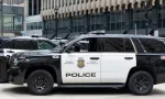 Minneapolis Police car in downtown Minneapolis^ Minnesota^ MN USA^ May 5^ 2023.