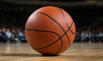 Indoor photo of basketball on the basketball court^ no people^ no brand