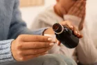 Mother giving cough syrup to her sick son in bed