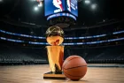 Indoor photo of photography of a basketball and next to it the larry o’brien nba championship trophy lying on a basketball court in an nba arena