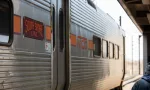 Train cars of the South Shore Line stop in Downtown Gary Indiana. Gary^ Indiana^ USA - March 28^ 2022