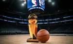 Indoor photo of photography of a basketball and next to it the larry o’brien nba championship trophy lying on a basketball court in an nba arena