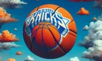 NY KNICKS LOGO on basketball floating in a AI GENERATED photo of clouds. Orange^ white and blue skies. Basketball theme. some clouds in the shape of basketballs^ some regular. New York knicks orange and blue colors