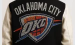 OKLAHOMA CITY THUNDER IN ALL RHINESTONES AS PATCH ON BACK OF MENS VARSITY JACKET