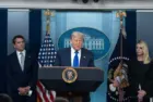President Donald Trump as a press briefing in the White House press briefing room with at Pam Bondi United States Attorney General in Washington DC jun 27th 2025