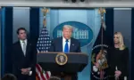 President Donald Trump as a press briefing in the White House press briefing room with at Pam Bondi United States Attorney General in Washington DC jun 27th 2025