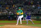 Oakland Athletics pitcher Mason Miller pitches against the Texas Rangers at the Oakland Coliseum. Oakland^ California - September 24^ 2024