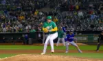 Oakland Athletics pitcher Mason Miller pitches against the Texas Rangers at the Oakland Coliseum. Oakland^ California - September 24^ 2024