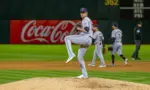 Cleveland Guardians pitcher Shane Bieber pitches against the Oakland Athletics on Opening Day at the Oakland Coliseum. Oakland^ California - March 28^ 2024