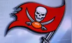 LOGO OF Tampa Bay Buccaneers. American football match^ silhouette of players.